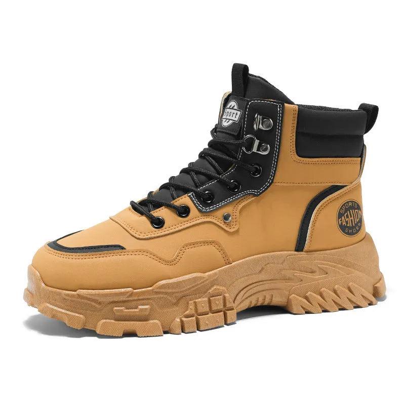 Men's black and yellow Martin boots with a mid-height heel and high-top design.