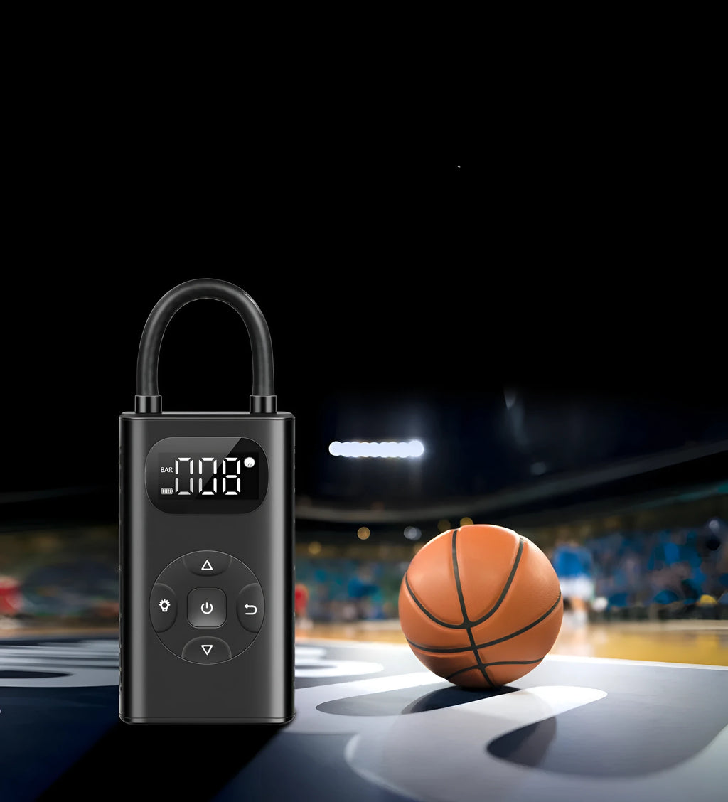 Black M09X portable air compressor power bank with digital pressure gauge and USB cable, 12x6.5x4.2cm aviation material