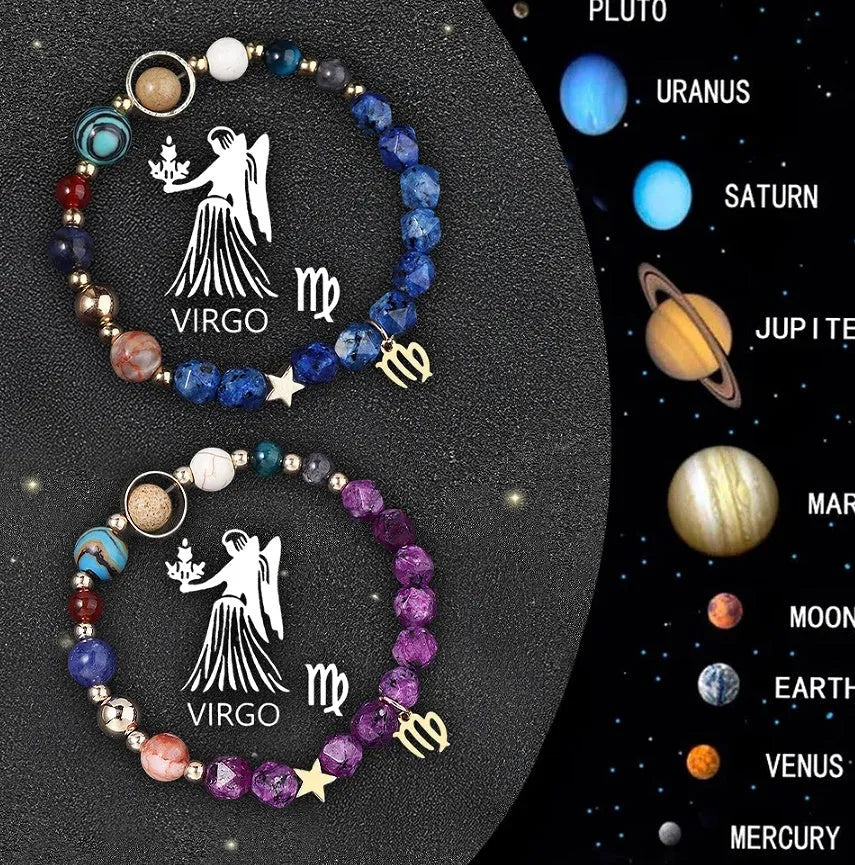 Two natural stone zodiac sign beaded bracelets on a white background, twelve style options available