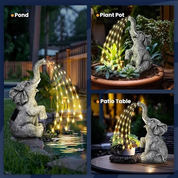 Modern grey resin elephant garden sculpture with integrated LED lighting strip