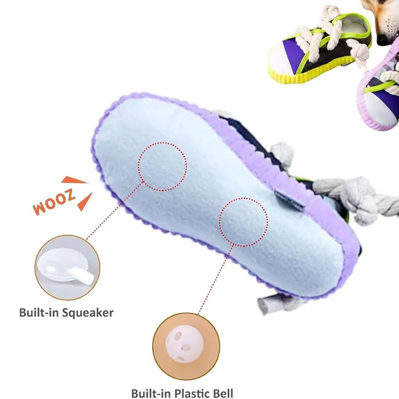 Dog toy shaped like cotton rope slippers with shoelaces, sole patterns, and built-in sound devices for playtime