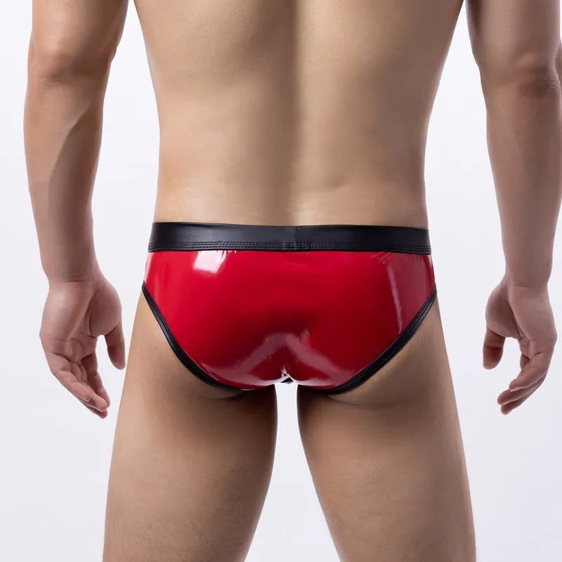 Men's gold patent leather-look bikini swim briefs with low-rise waist