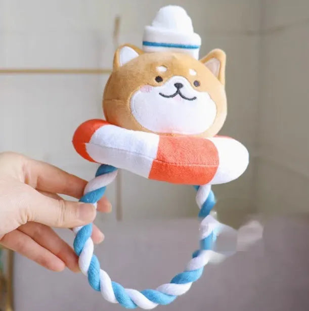 Bite-resistant plush dog toy with handle in a small Shiba Inu shape measuring 23cm