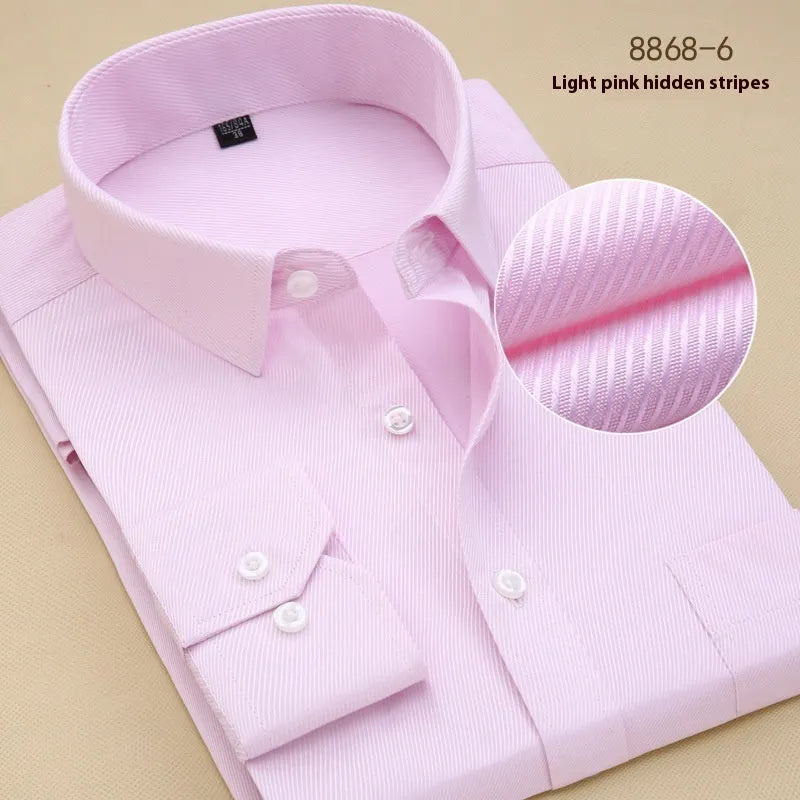 Men's solid colour cotton long sleeve business shirt in a slim fit on a hanger