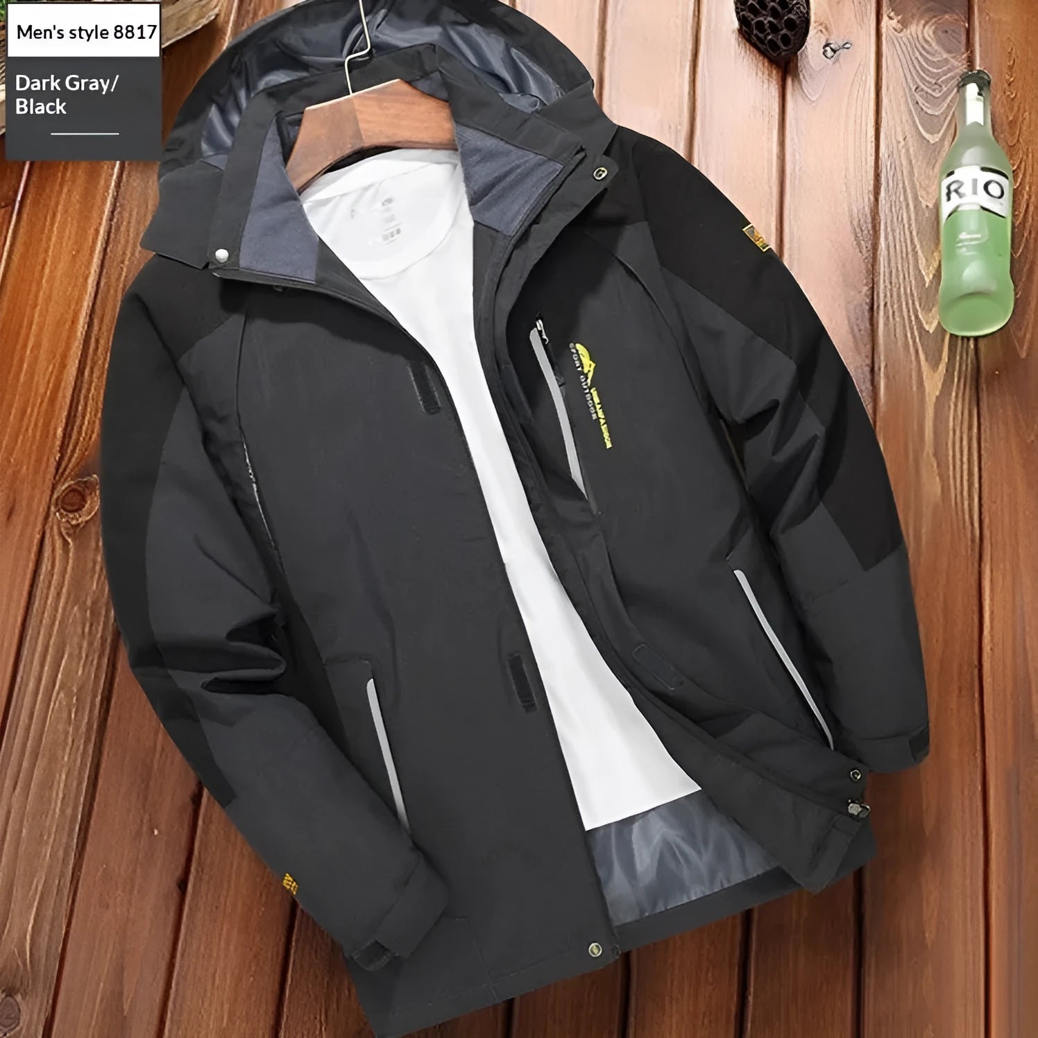 Men's windproof waterproof outdoor windbreaker thin jacket in solid colour, polyester fibre, front view