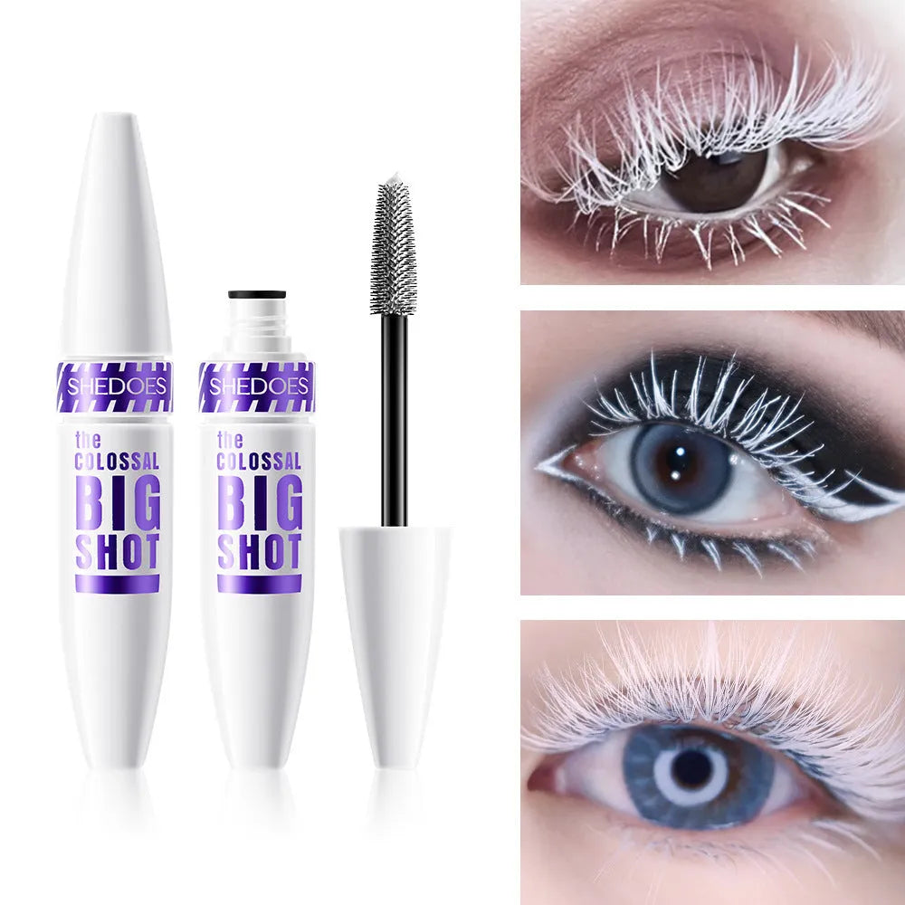 White mascara tube with waterproof sweat-proof quick-drying formula for shaping and curling lashes