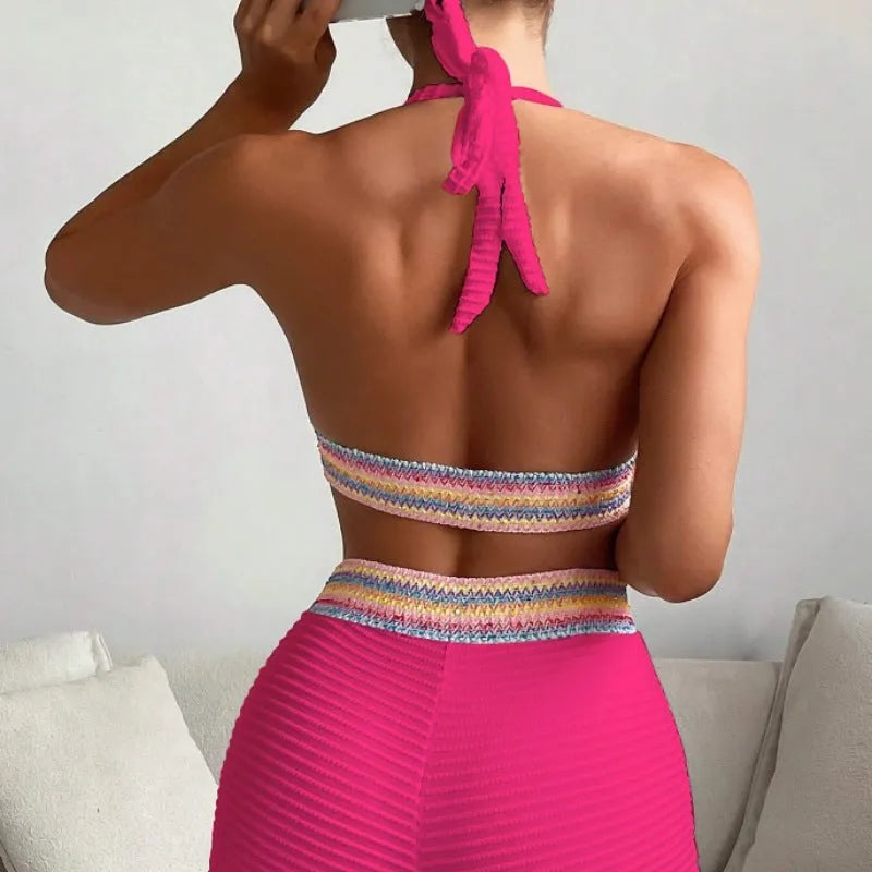 Women's high waist bikini swimsuit with split leg design in blue colour