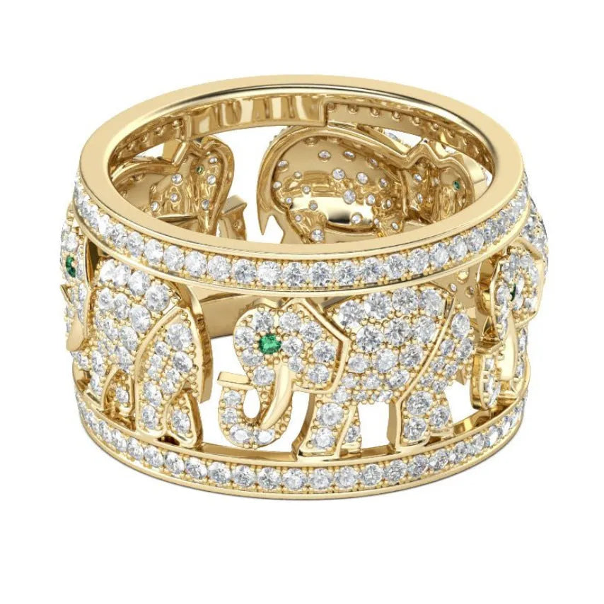Alloy elephant fashion ring with full diamond design and electroplated finish in silver tone.