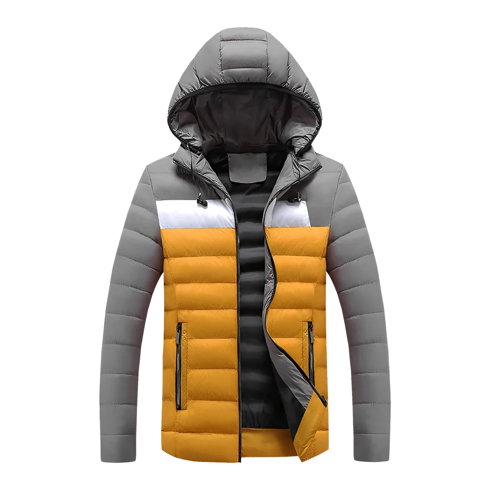 Men's winter work cotton coat with washed cotton filling in black, side view on model