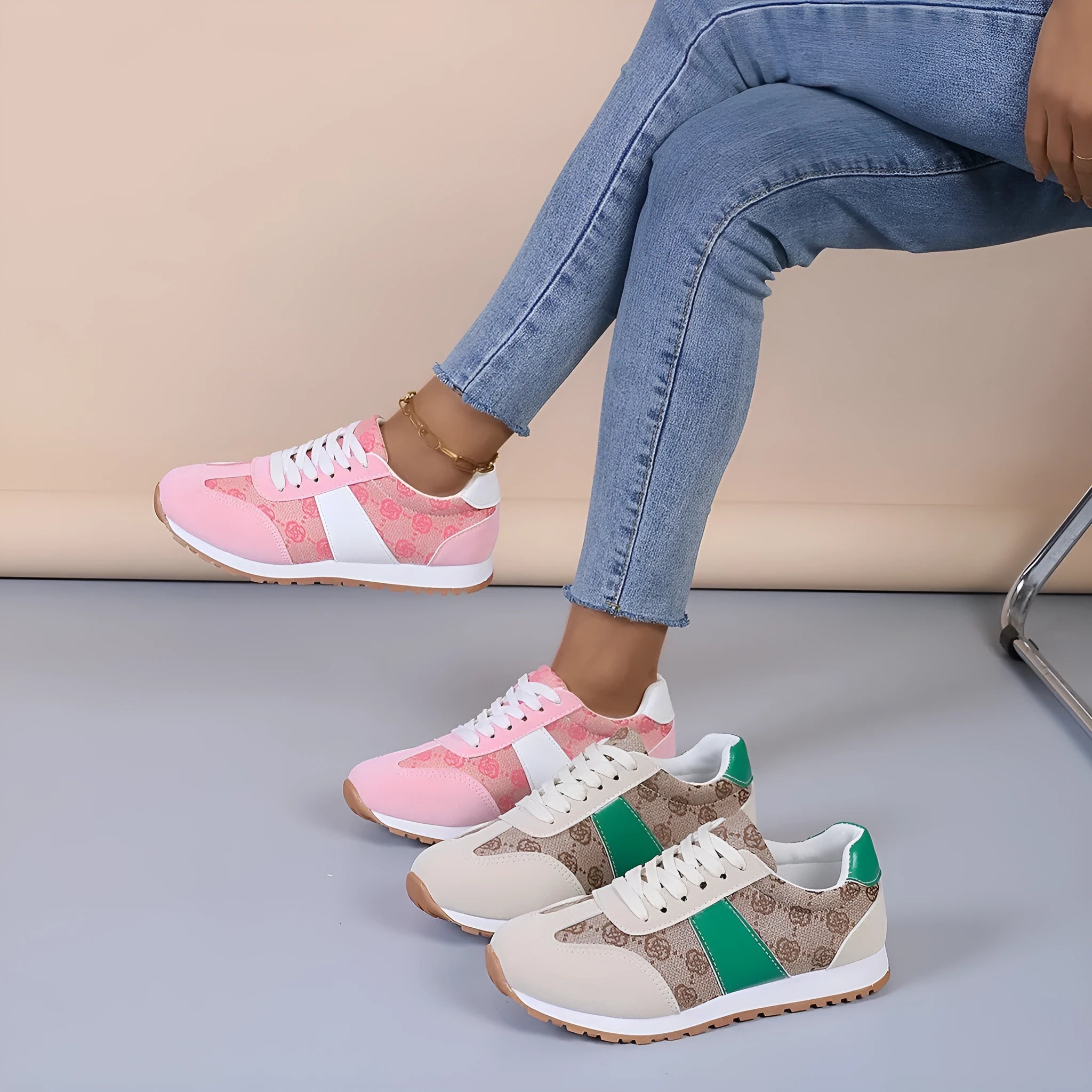 Women's oversized casual shoes with flower lace-up design in khaki colour showing cross strap detail