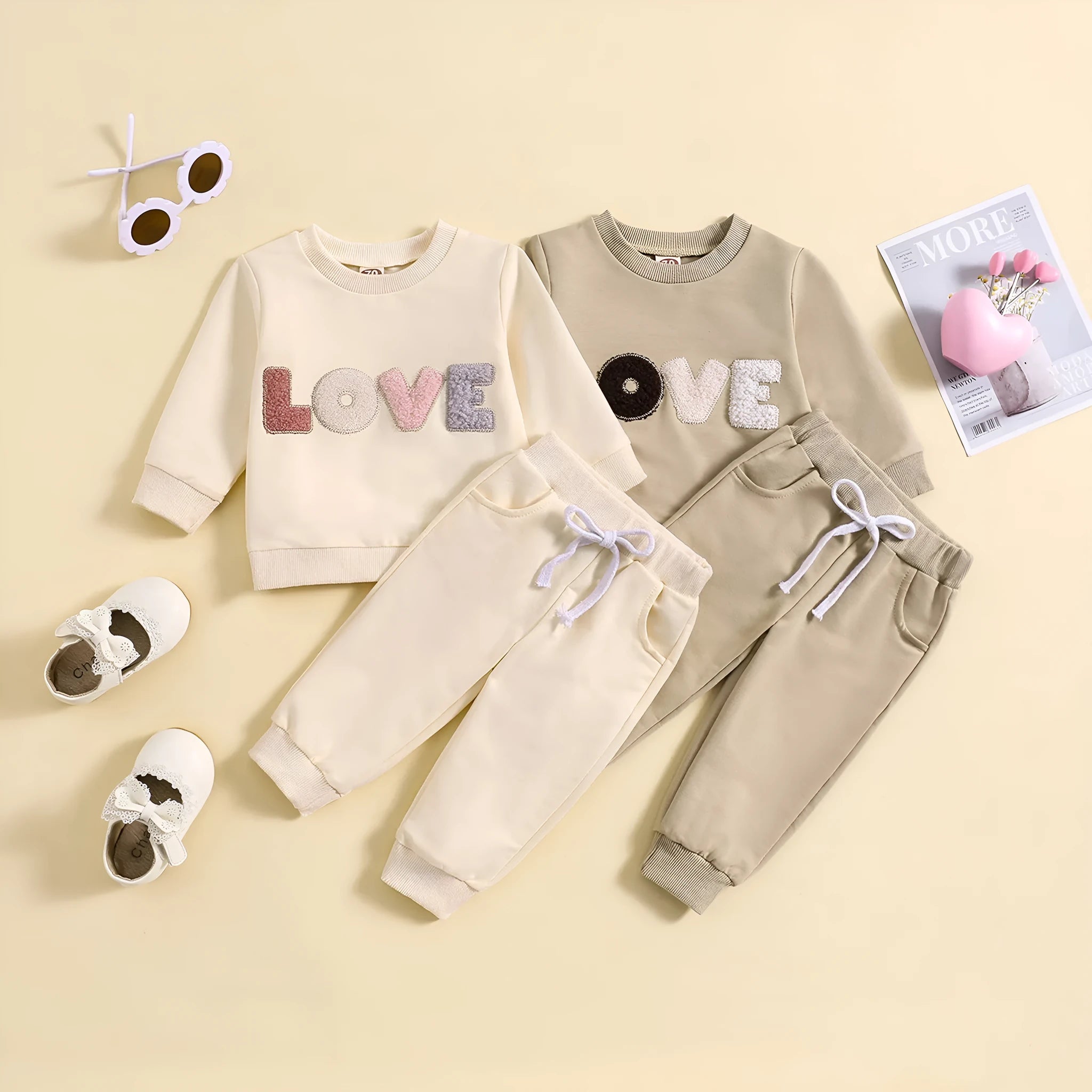Boys and girls spring autumn cotton suit in apricot with cartoon print and letter design, top and trousers set for 70-110cm height