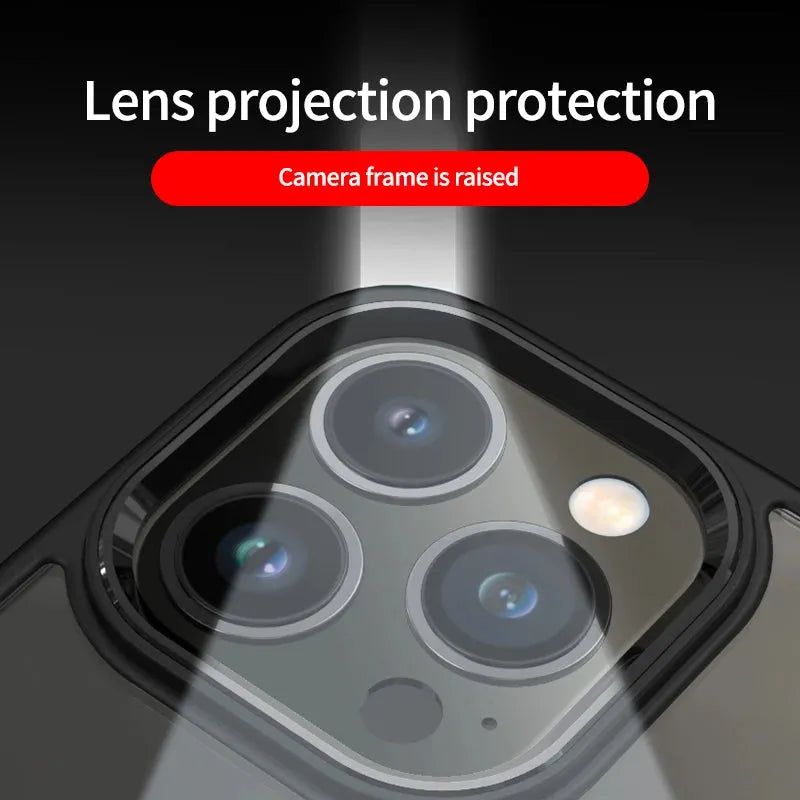 Magnetic suction acrylic phone case with metal lens frame for iPhone 15, black edge and red frame, front and back view