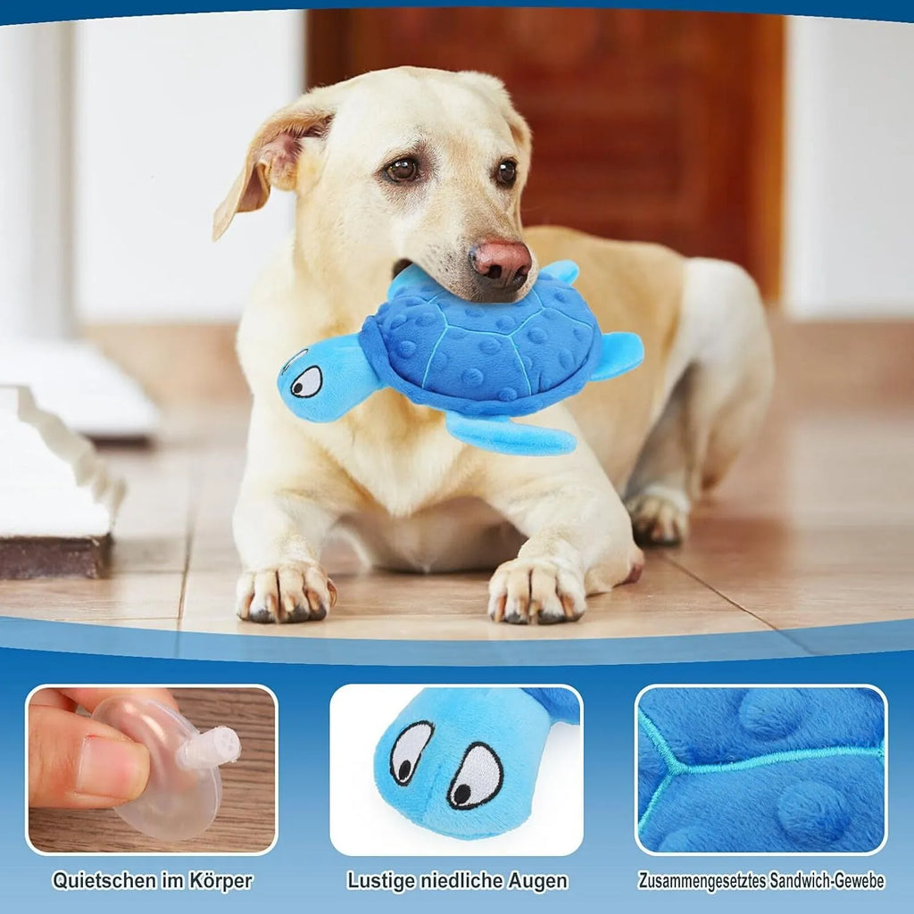 Blue sea turtle plush dog toy with composite mesh material and no stuffing