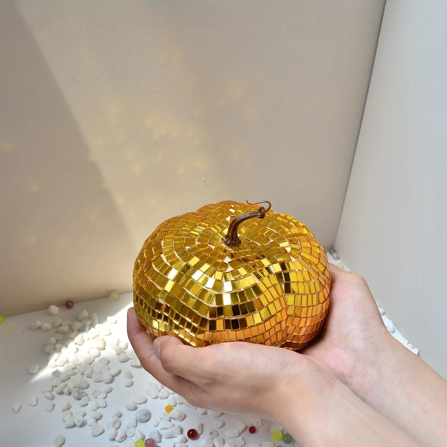 Chinese style embroidered glass pumpkin ornament in various sizes for Halloween decoration.