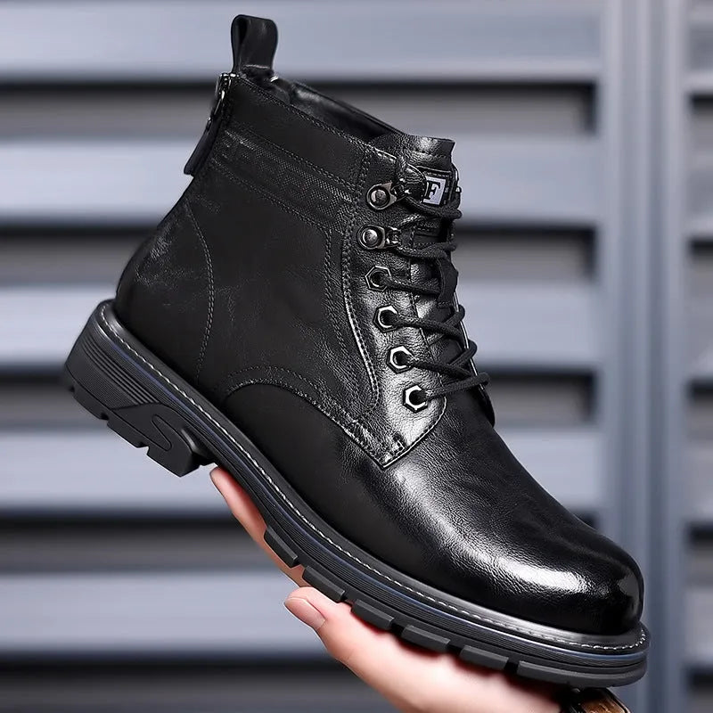 Low heel leather ankle boots with square heel and patent leather construction in black colour