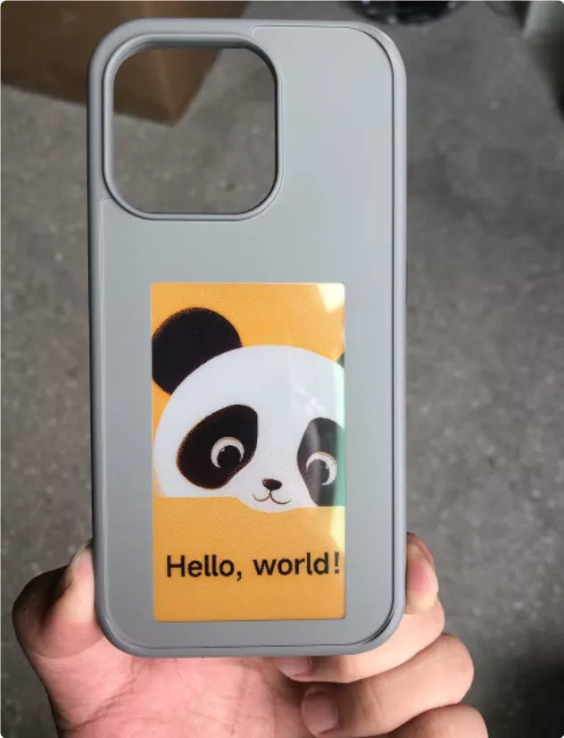 E-ink phone case for Apple iPhone with NFC screen projection displayed in black TPU, showing a custom image on the e-ink screen