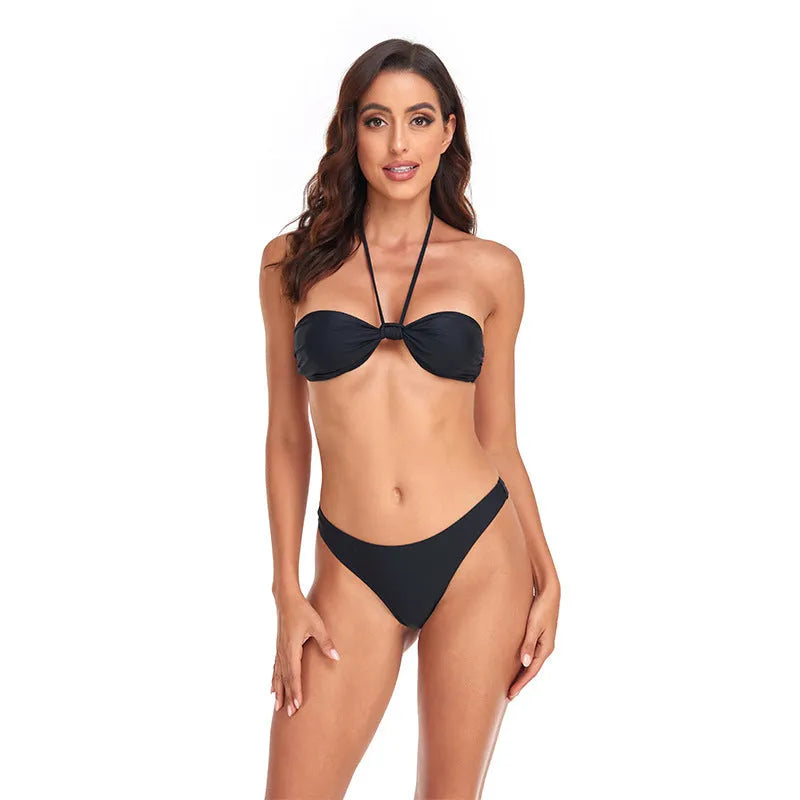 Black polyester women's bikini set with lace-up tube top and briefs swimwear