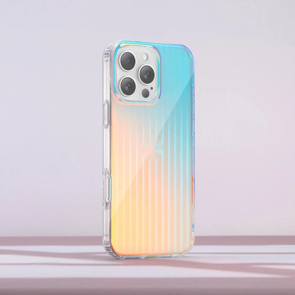 Glossy transparent magnetic iPhone case with chameleon colour-shift design on a smartphone.