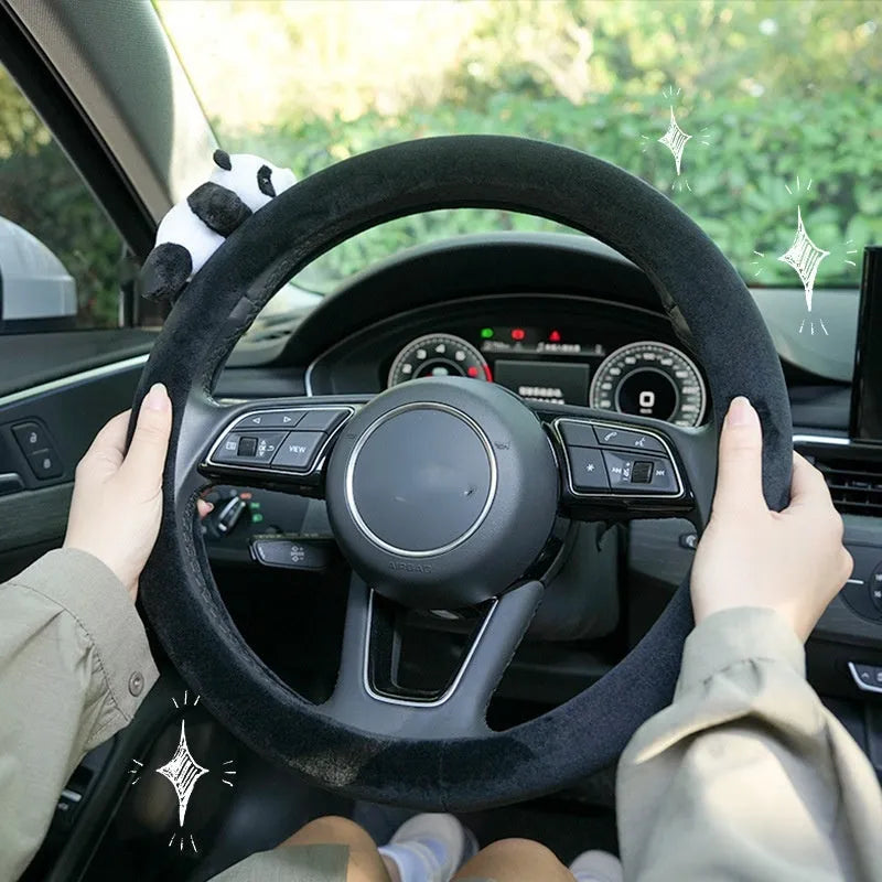 Black plush panda steering wheel cover and matching shoulder pad set for 38cm car wheels