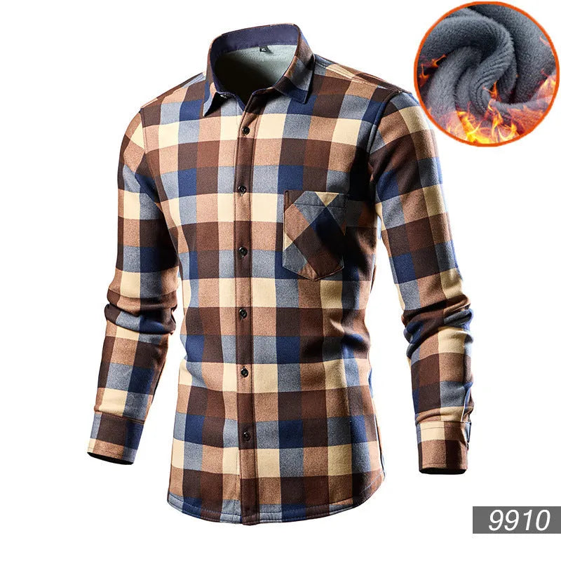 Men's loose-fitting fleece-lined cotton blend cardigan shirt in a solid colour