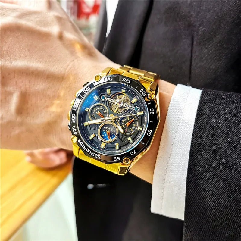 Men's automatic mechanical watch with various colour combinations showing 12mm thickness profile