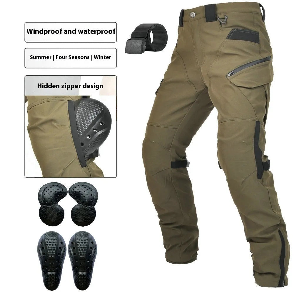 Men's green waterproof motorcycle cycling trousers with belt and protective gear on hanger.