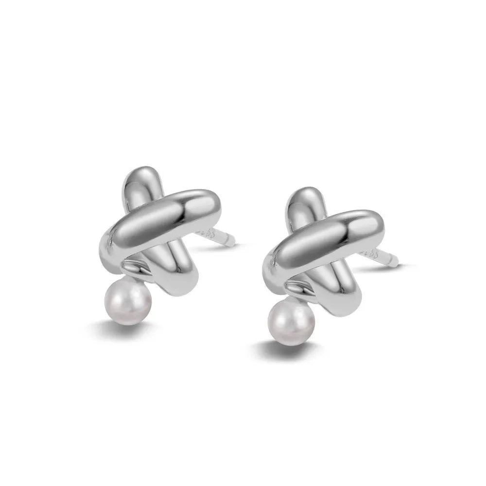 Micro pearl pendant X-shaped 925 silver earrings for women in gold finish