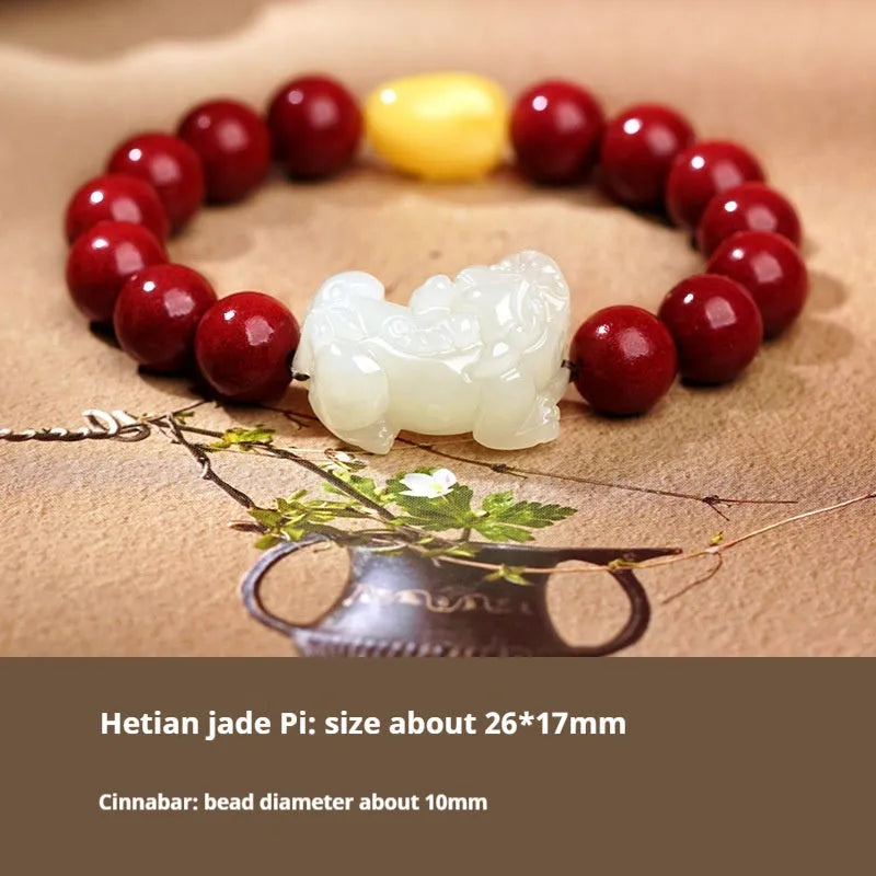 Traditional Chinese Hetian jade bracelet with black and red braided ropes and jade beads on elastic cord