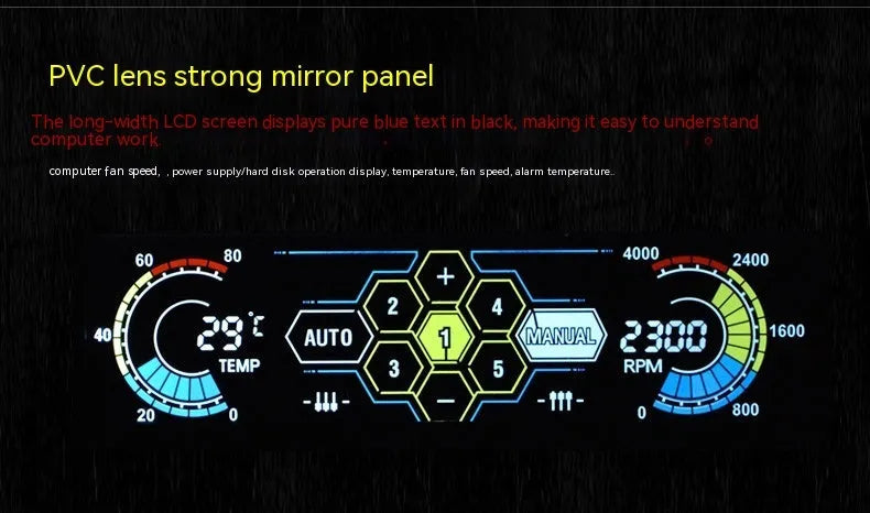 Black computer case temperature controller with 5.8-inch touch screen display for optical drive bay installation