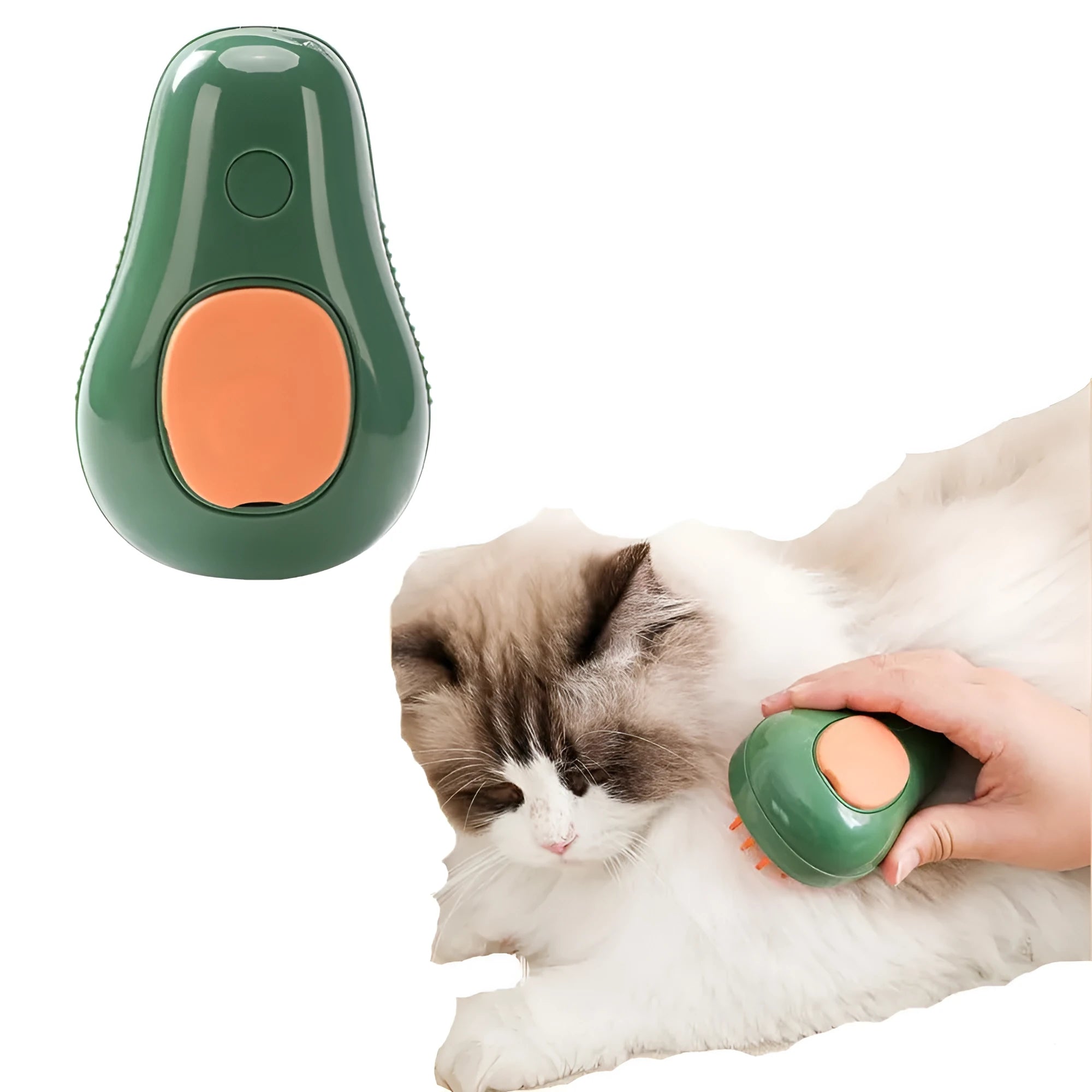 Green and white 3 in 1 cat steam brush with silicone bristles and water spray function for grooming pets.