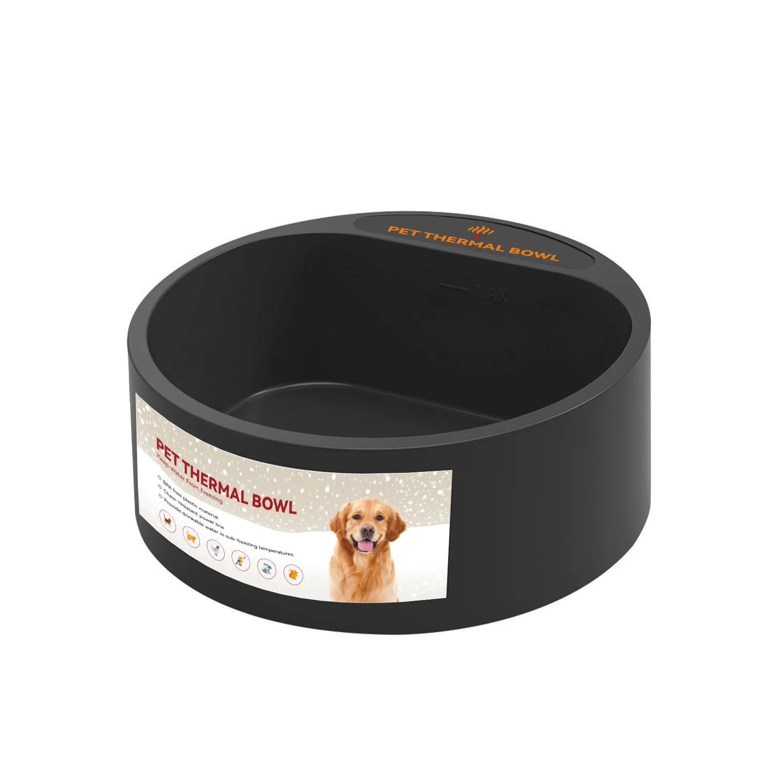 Black ABS plastic heated pet bowl with 2.2L capacity and power cord.