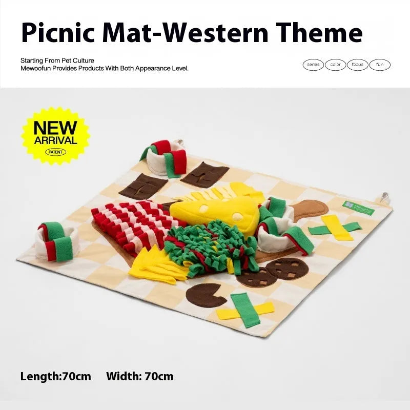 Dog sniffing mat with themed pattern for hiding treats and mental stimulation