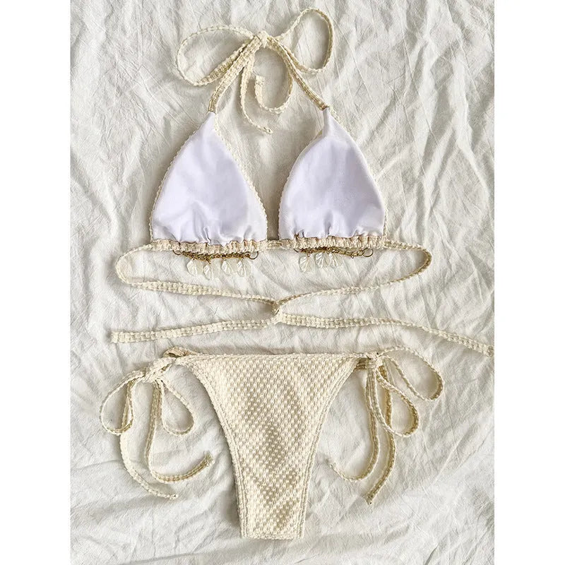 Women's halter lace-up bikini set in milky white, green or white colours