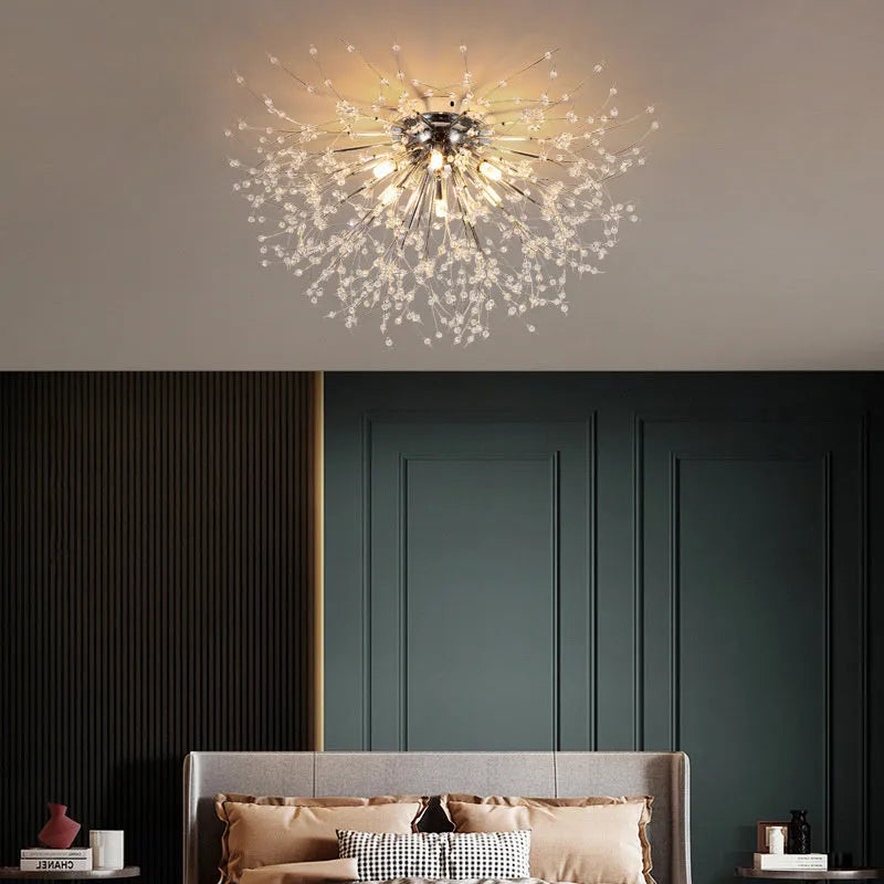 Dandelion crystal ceiling lamp chrome finish 40cm round shade wrought iron LED