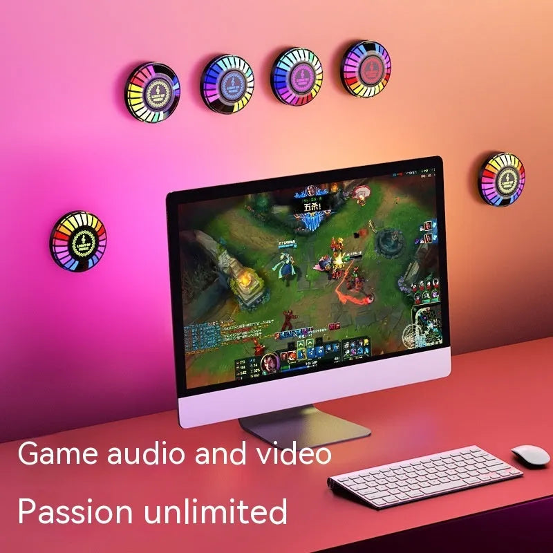 Black desktop RGB ambience light with magnetic base on metallic surface
