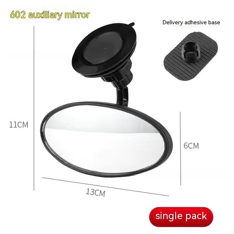 Black 360-degree rotating car rearview mirror with sucker attachment on windscreen