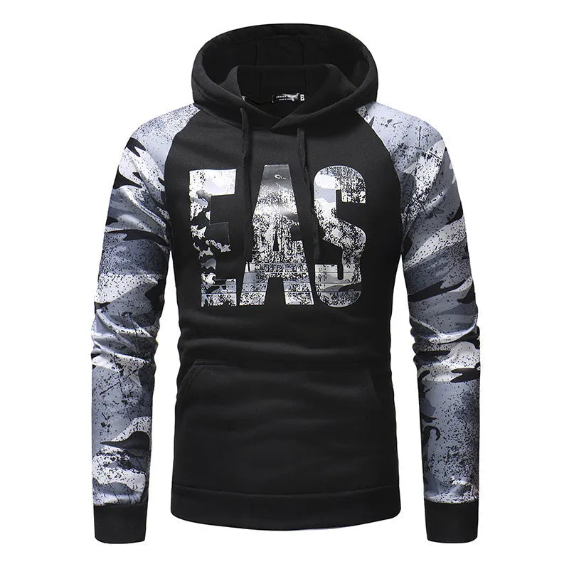 Mens long sleeve camouflage print hooded sweatshirt in polyester fibre, black colour, front view