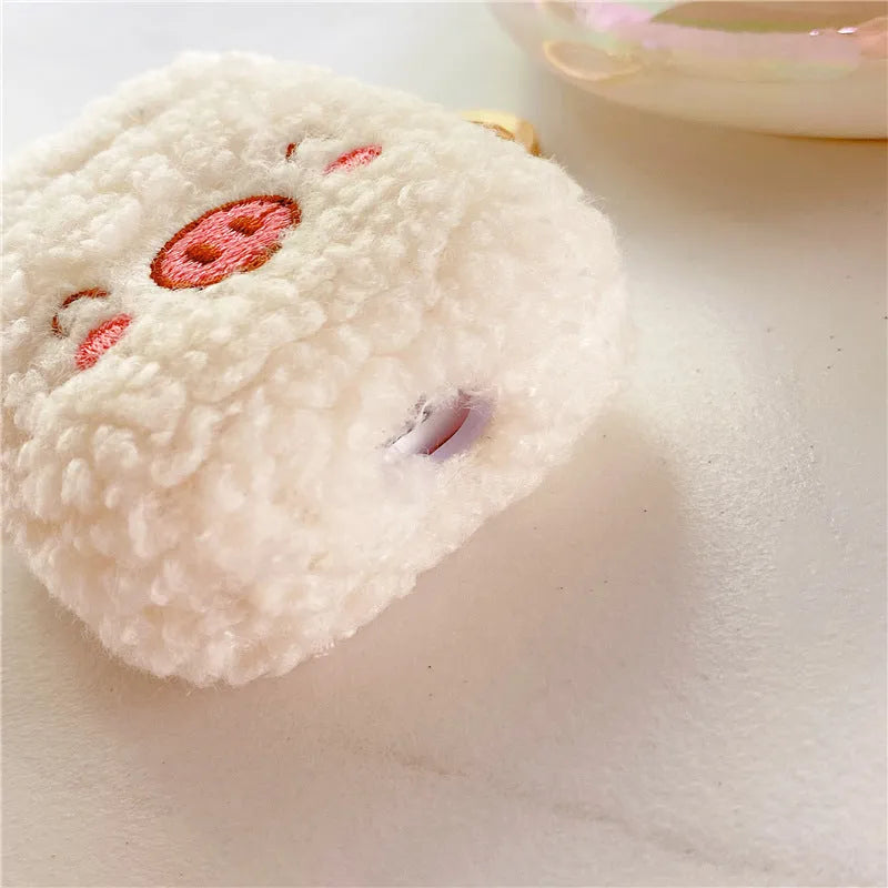 Beige plush pig flannel protective cover with bracelet for AirPods case, cartoon animal design