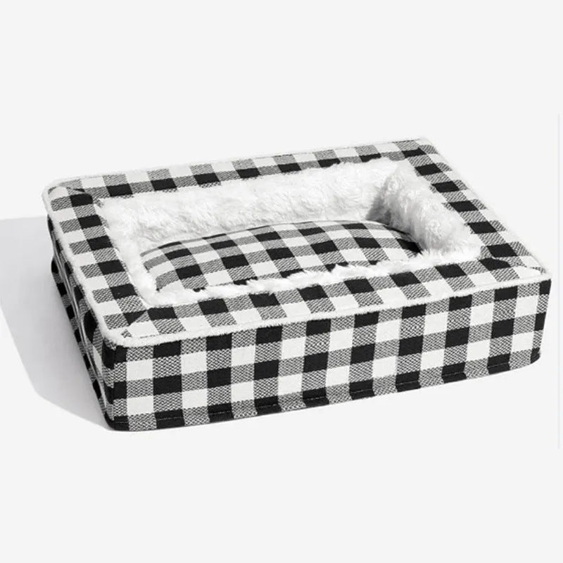 Classic plaid pattern dog cushion with removable washable cover, shown in red, for a medium dog crate.
