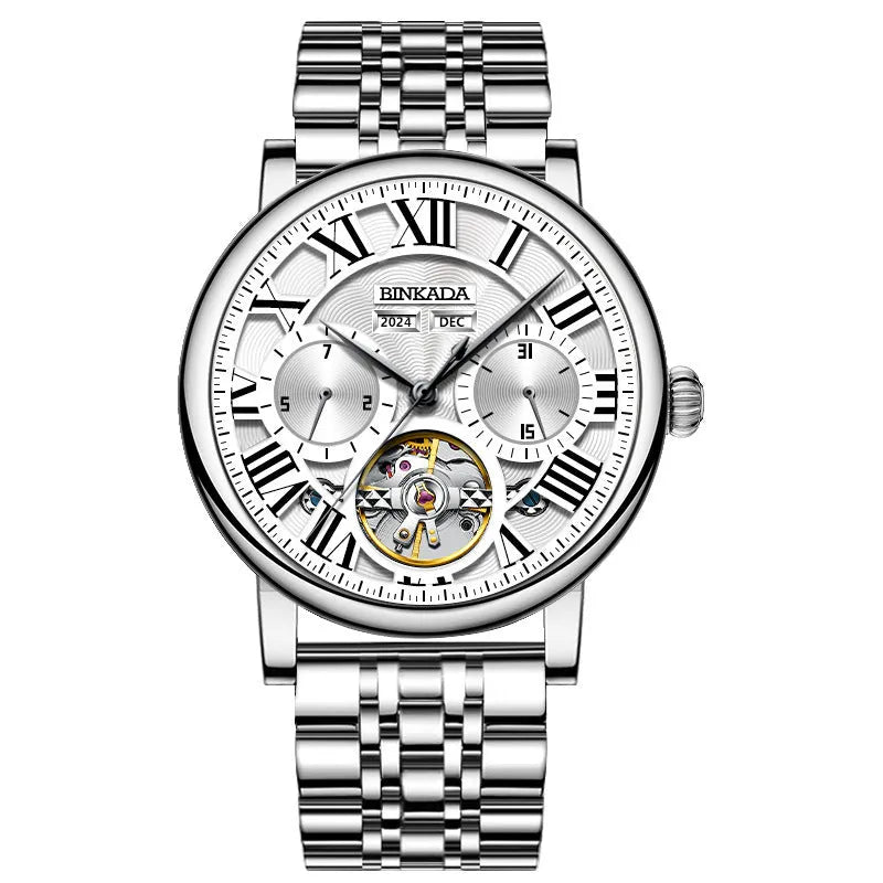 Men's automatic waterproof watch with stainless steel strap in business style, showing black and white colour options