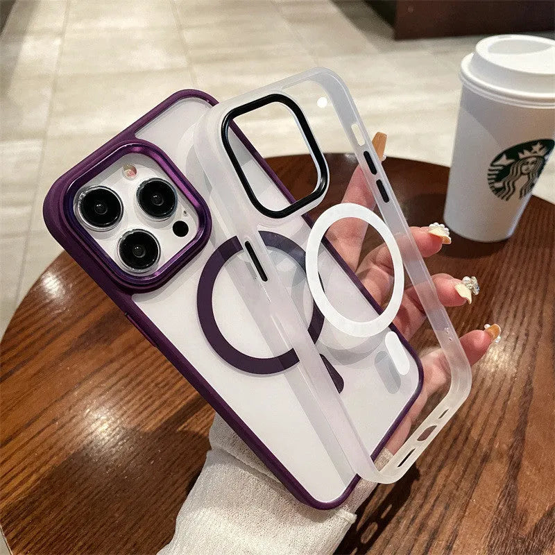 Acrylic magnetic soft edge phone case for Apple iPhone 11-15 series in black, showing camera cutout and soft bumper