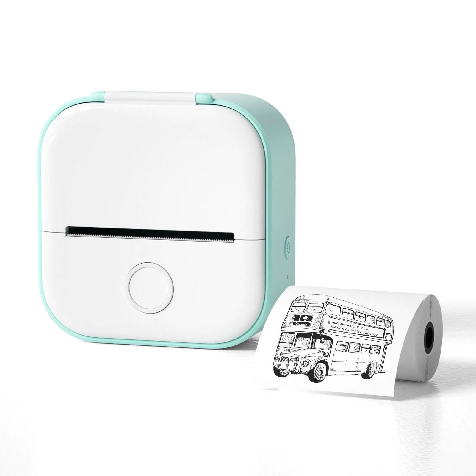 Mini portable printer with USB cable and protective rabbit ear case in pink, green or white