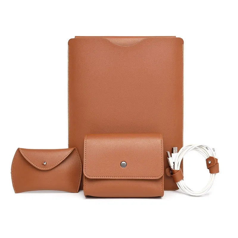 Set of four imitation leather laptop edge protector pieces in apricot, brown, gray and light pink.