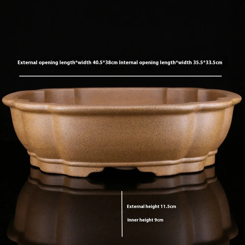 Handmade purple sand bonsai basin shown in hexagonal and begonia styles for Pinus taiwanensis cultivation