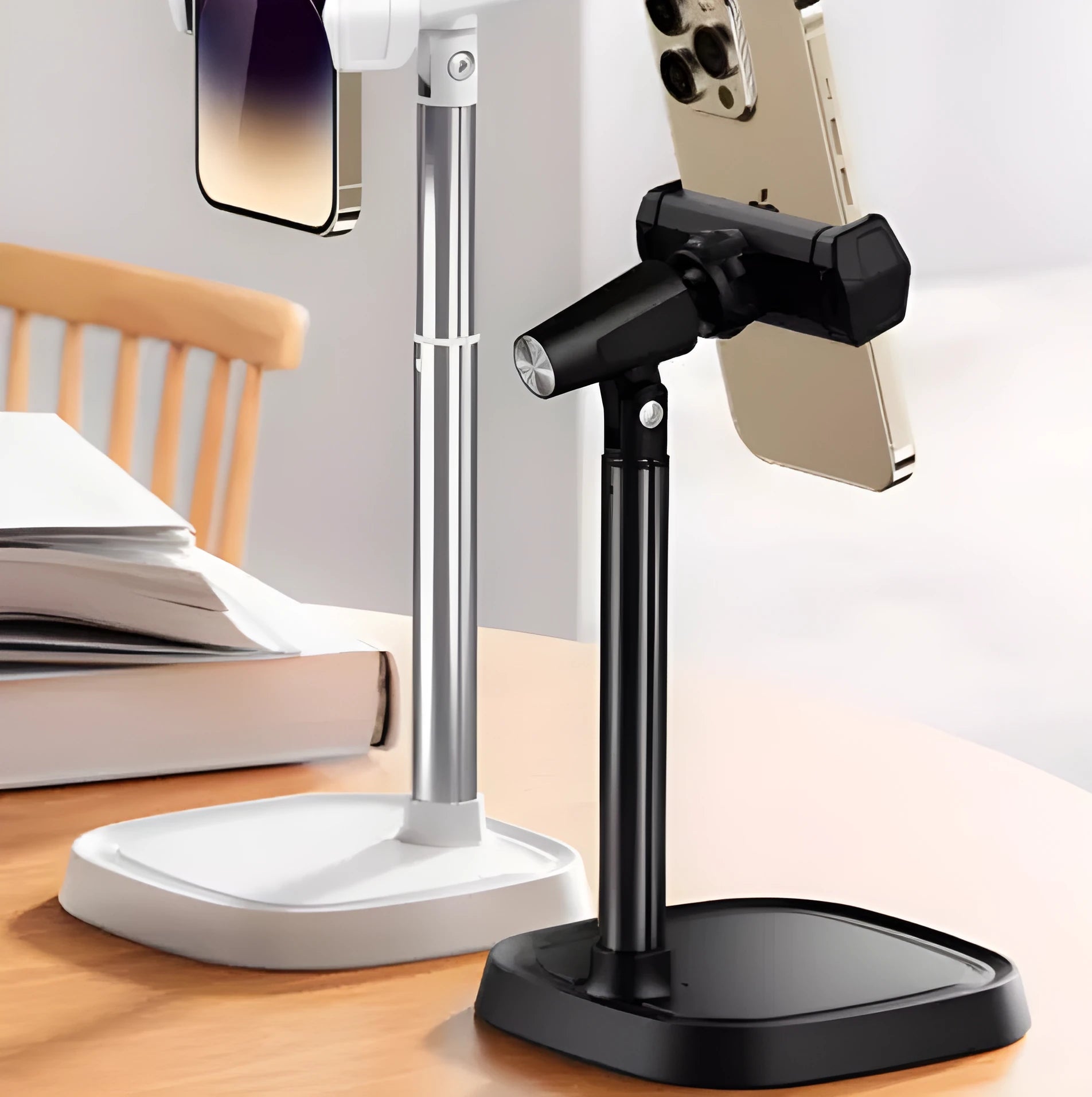 Retractable aluminium alloy phone bracket on desk with arm extended to 38cm, black colour option