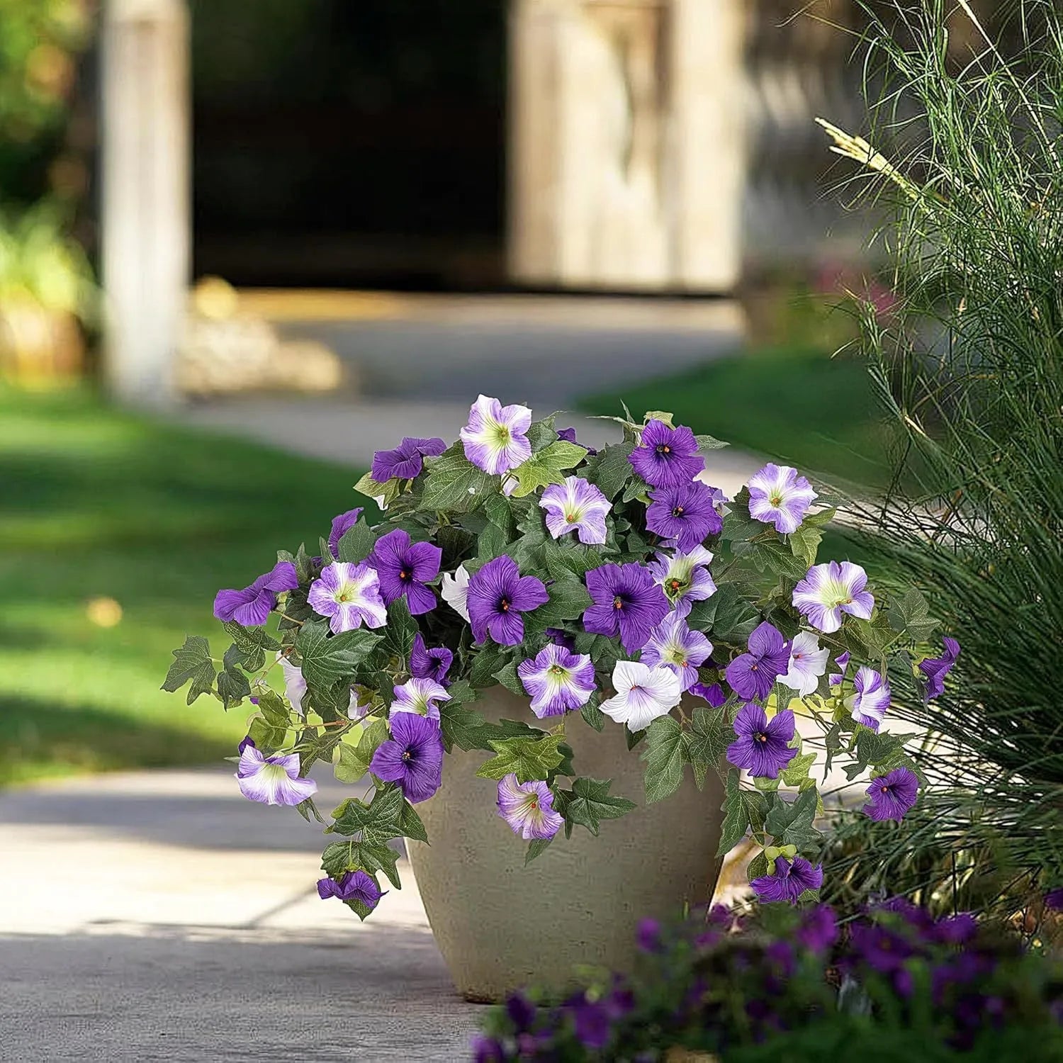 Purple, red, orange, and rose red 12-fork plastic artificial silk flower garden container.