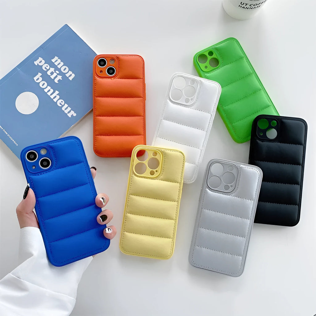 Solid colour down jacket phone case for Apple iPhone 14 series in black TPU PC back cover