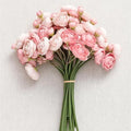 24-head silk tea rose camellia floral stem in pink, 35cm tall, on white background