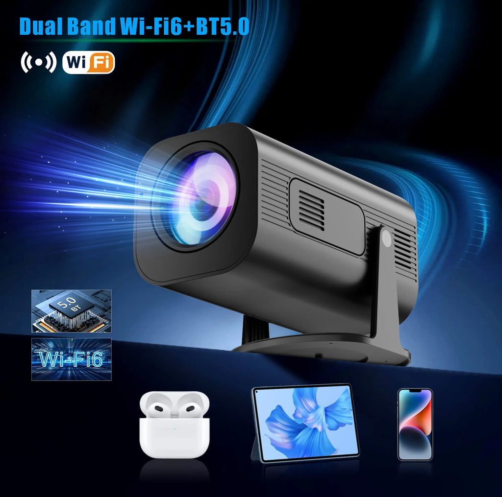 P330 portable mini projector in black or white colour with remote control on a table.