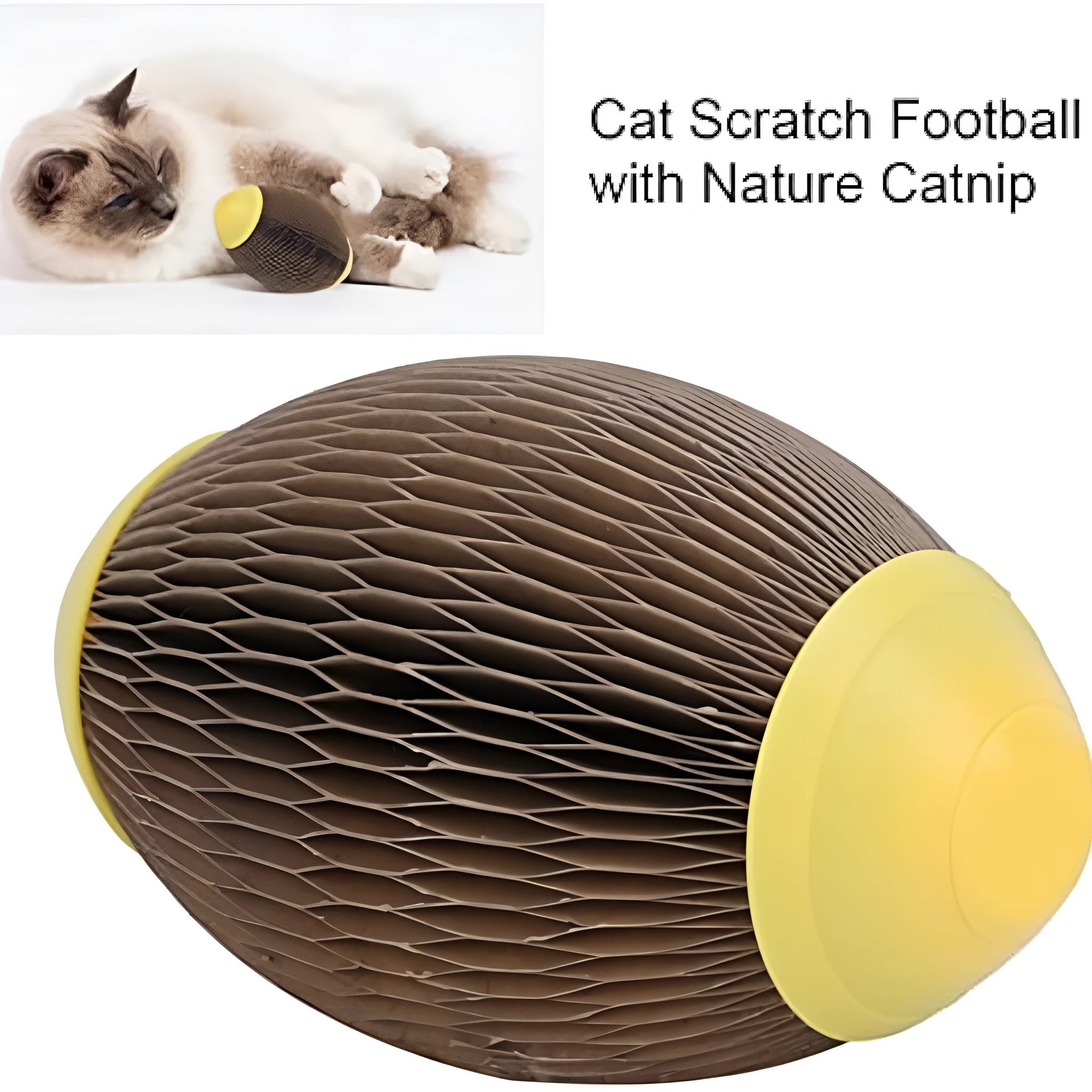 Elliptical corrugated paper catnip ball toy for scratching and play, measuring 65mm by 108mm